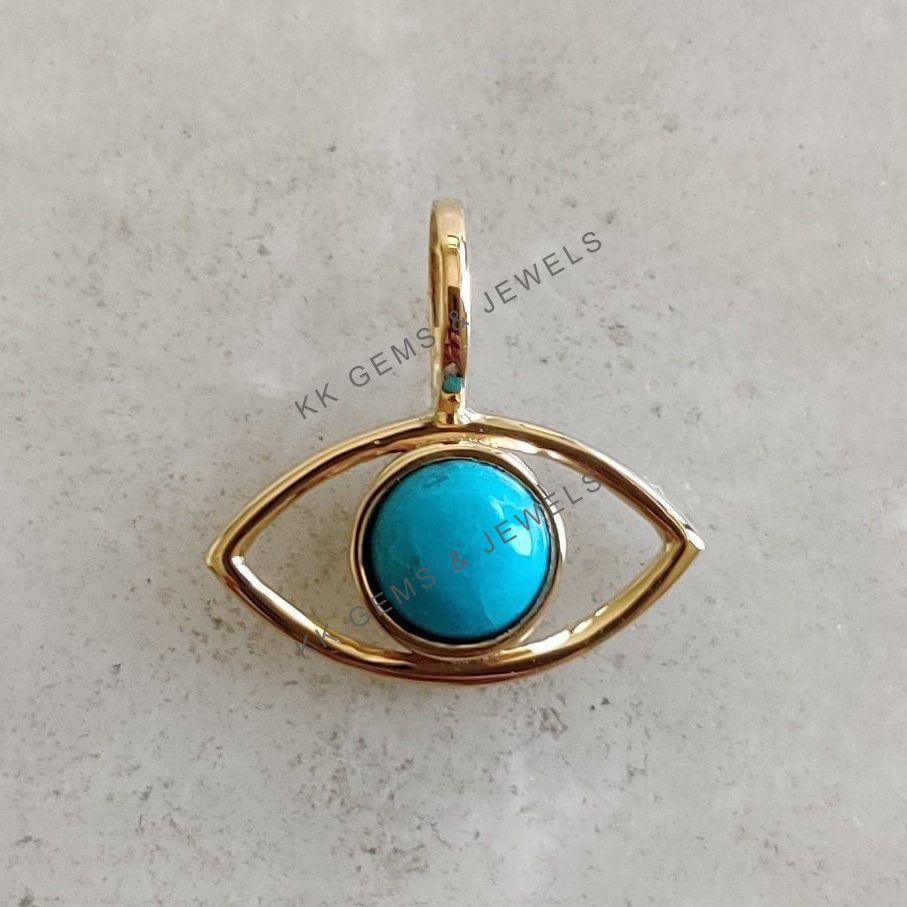 14K Solid Yellow Gold Natural Turquoise Evil Eye Pendant, December Birthstone Charm