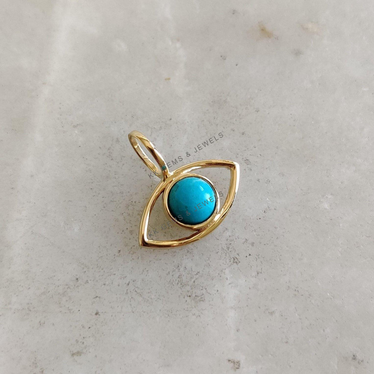 14K Solid Yellow Gold Natural Turquoise Evil Eye Pendant, December Birthstone Charm