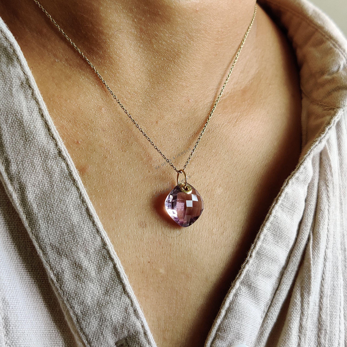 14K Solid Yellow Gold Natural Pink Amethyst Square Cushion Brio Pendant, February Birthstone Drill