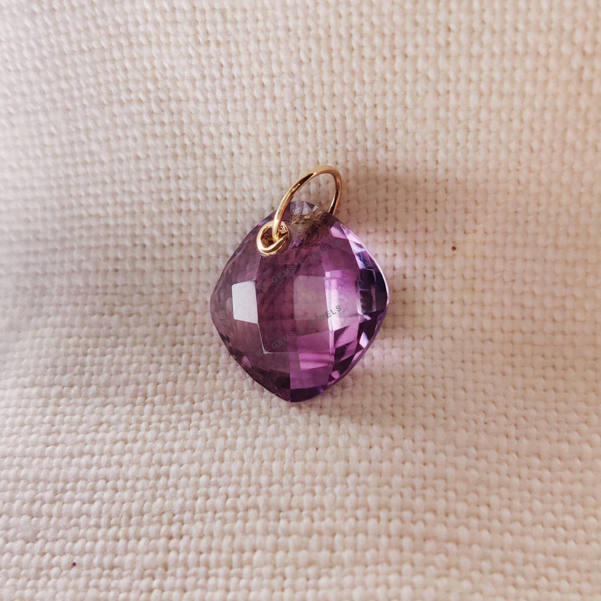 14K Solid Yellow Gold Natural Pink Amethyst Square Cushion Brio Pendant, February Birthstone Drill