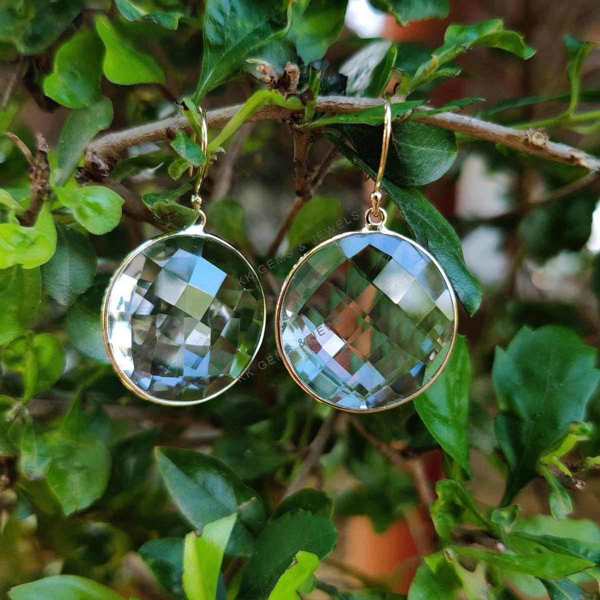 Natural Clear Quartz Earrings: 14K Solid Yellow Gold Bezel, April Birthstone