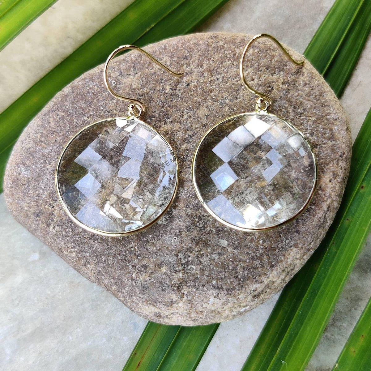 Natural Clear Quartz Earrings: 14K Solid Yellow Gold Bezel, April Birthstone