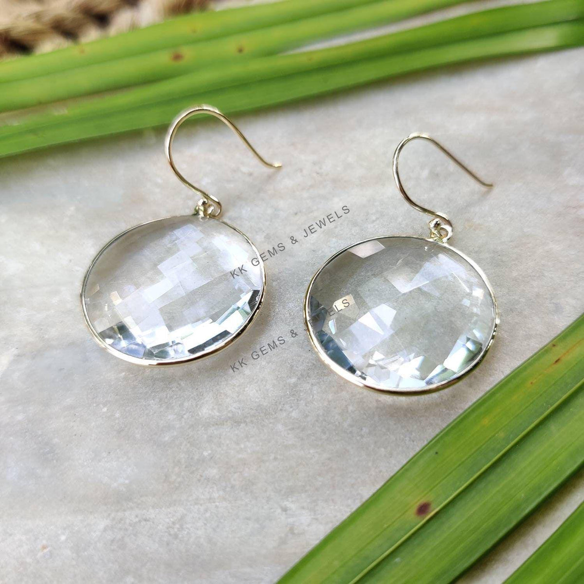 Natural Clear Quartz Earrings: 14K Solid Yellow Gold Bezel, April Birthstone