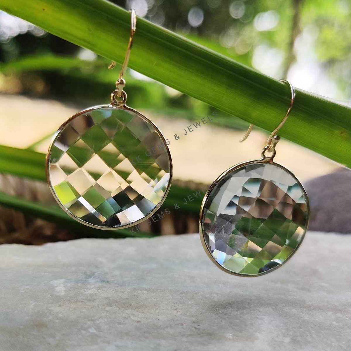 Natural Clear Quartz Earrings: 14K Solid Yellow Gold Bezel, April Birthstone
