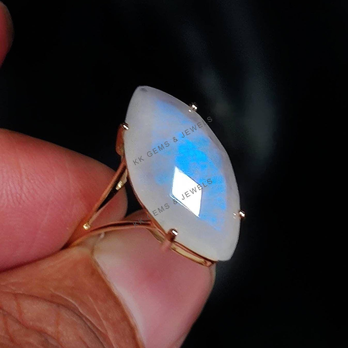 14K Solid Yellow Gold Marquise Natural Rainbow Moonstone Ring, June Birthstone