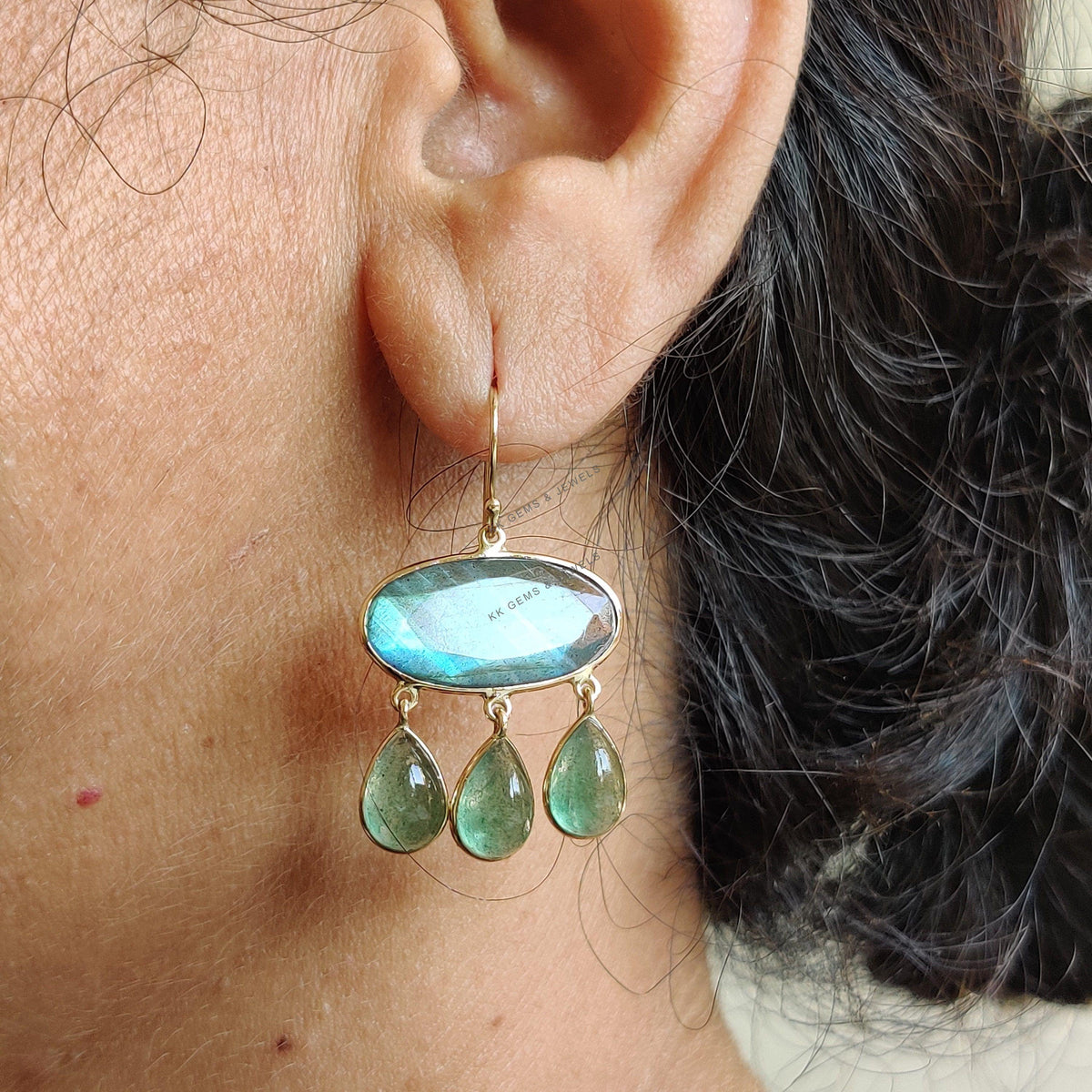 14K Solid Gold Natural Labradorite & Green Aventurine Drop Earrings, November Birthstone