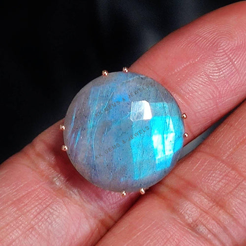 14K Solid Gold Natural Labradorite Ring, Round Gemstone, August Birthstone
