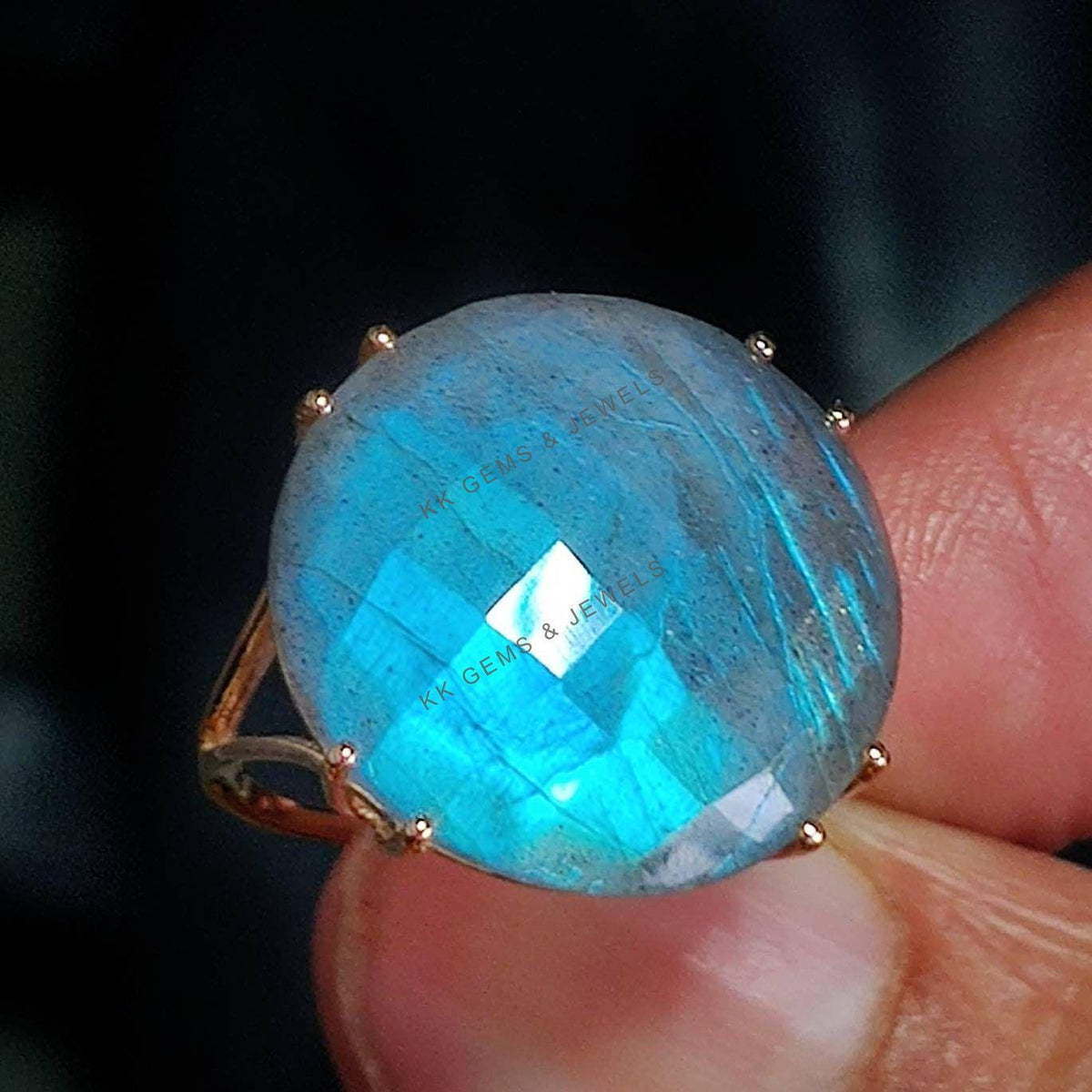 14K Solid Gold Natural Labradorite Ring, Round Gemstone, August Birthstone