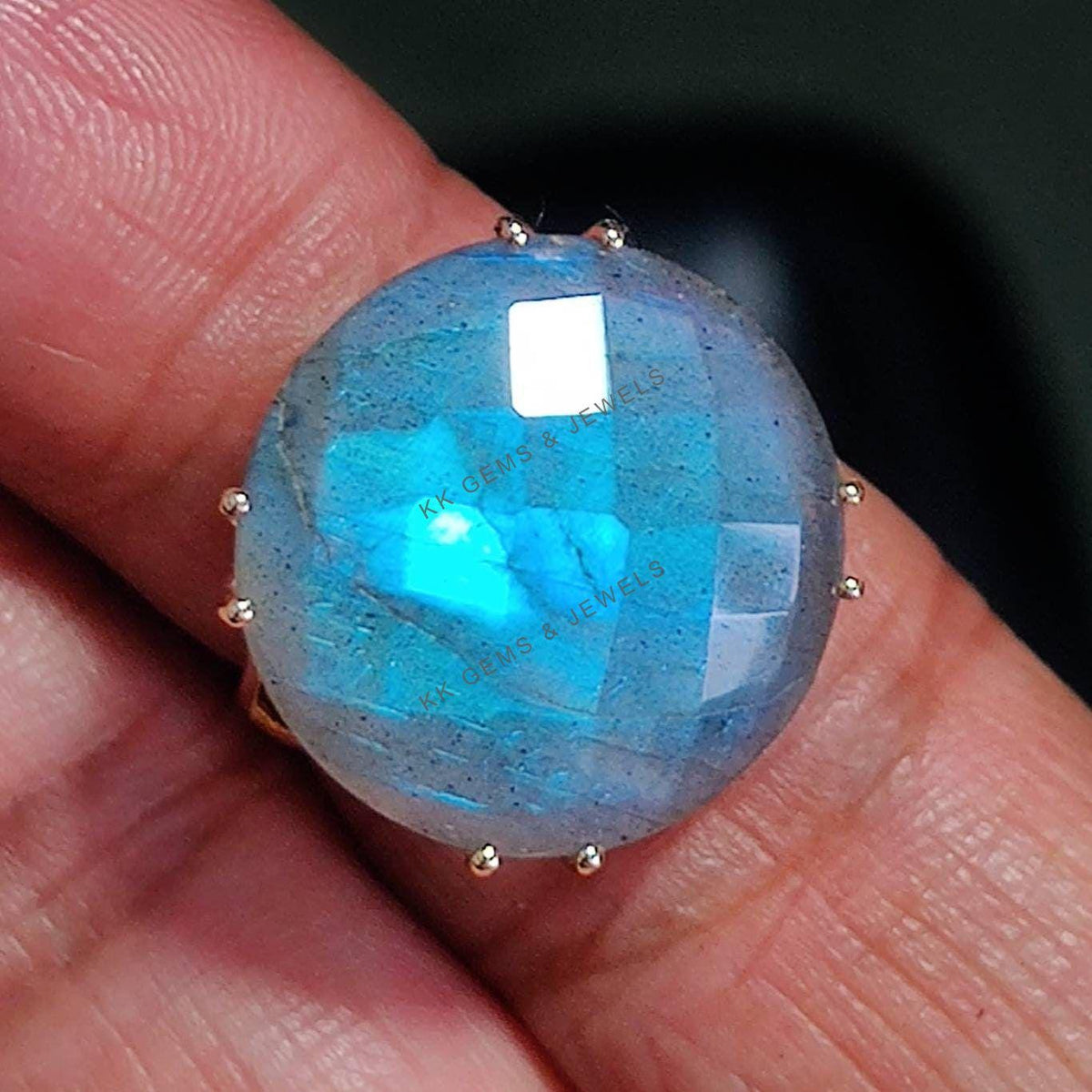 14K Solid Gold Natural Labradorite Ring, Round Gemstone, August Birthstone