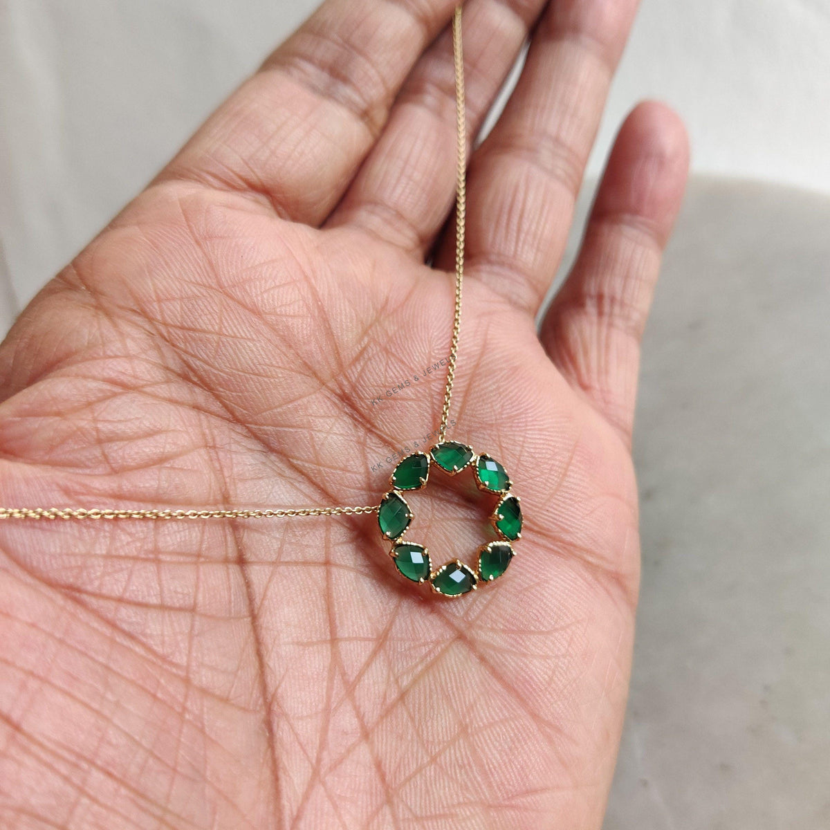 14K Solid Gold Natural Green Onyx Fancy Chain Necklace, May Birthstone