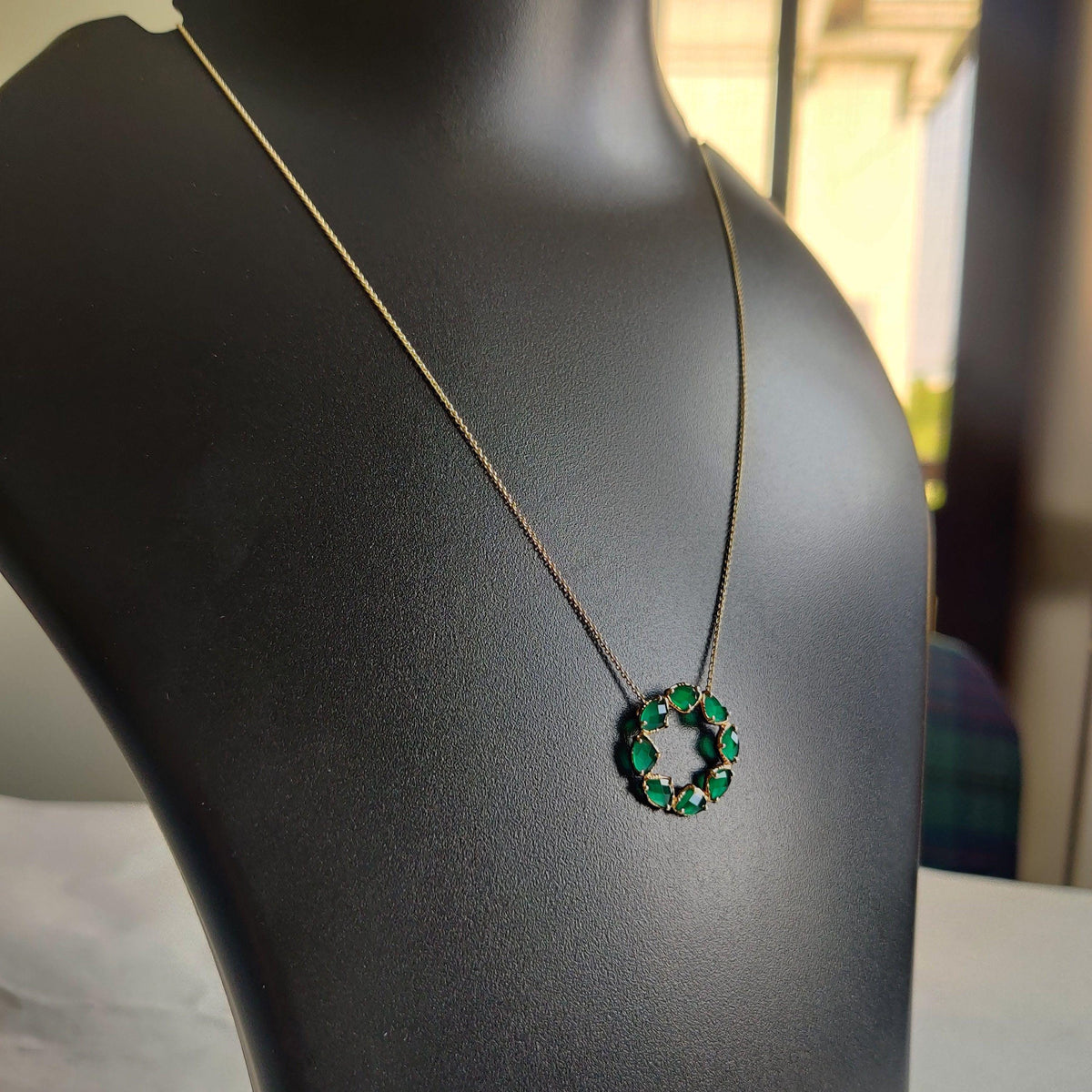 14K Solid Gold Natural Green Onyx Fancy Chain Necklace, May Birthstone
