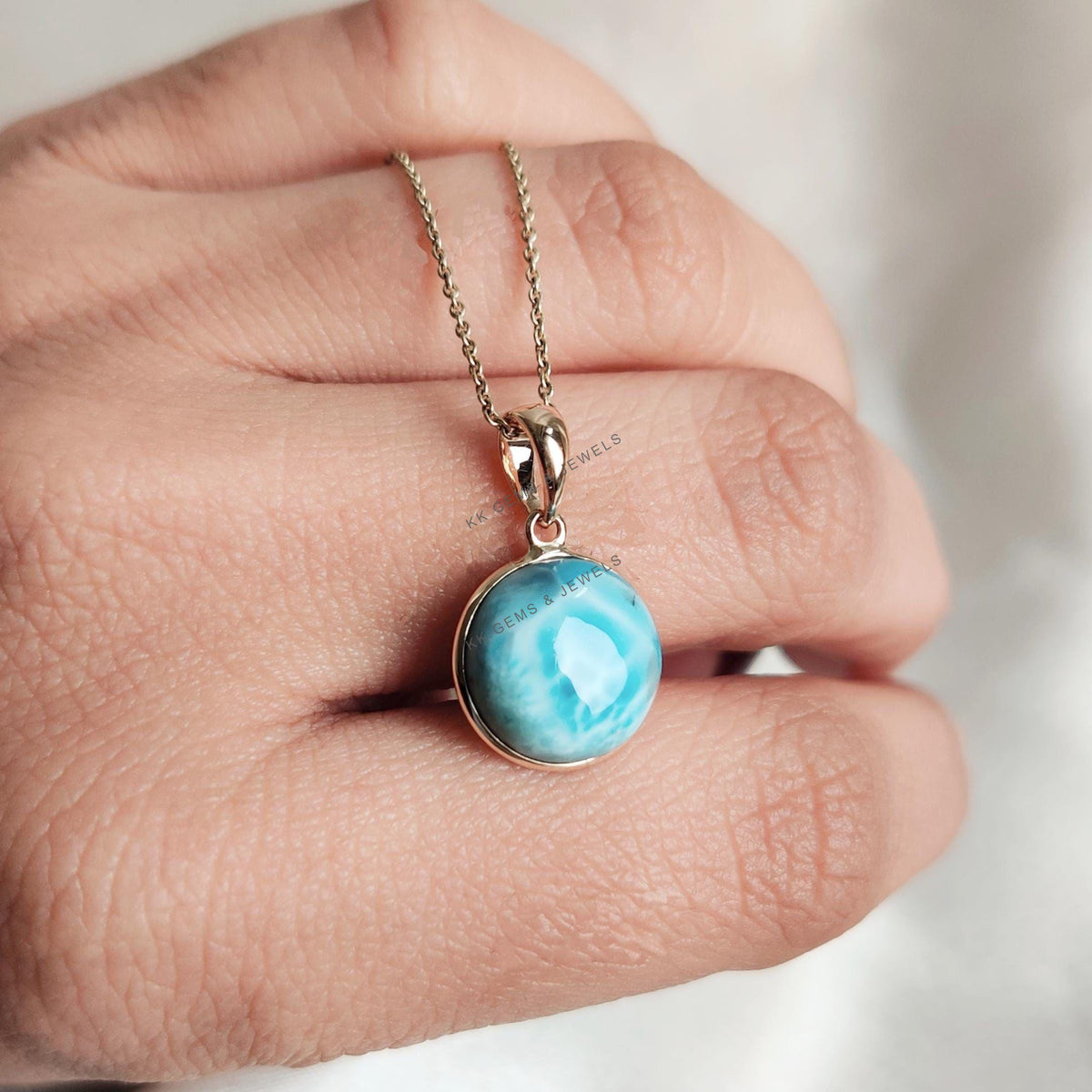 14K Solid Yellow Gold Natural Larimar Pendant: Round Cabochon, February March Birthstone