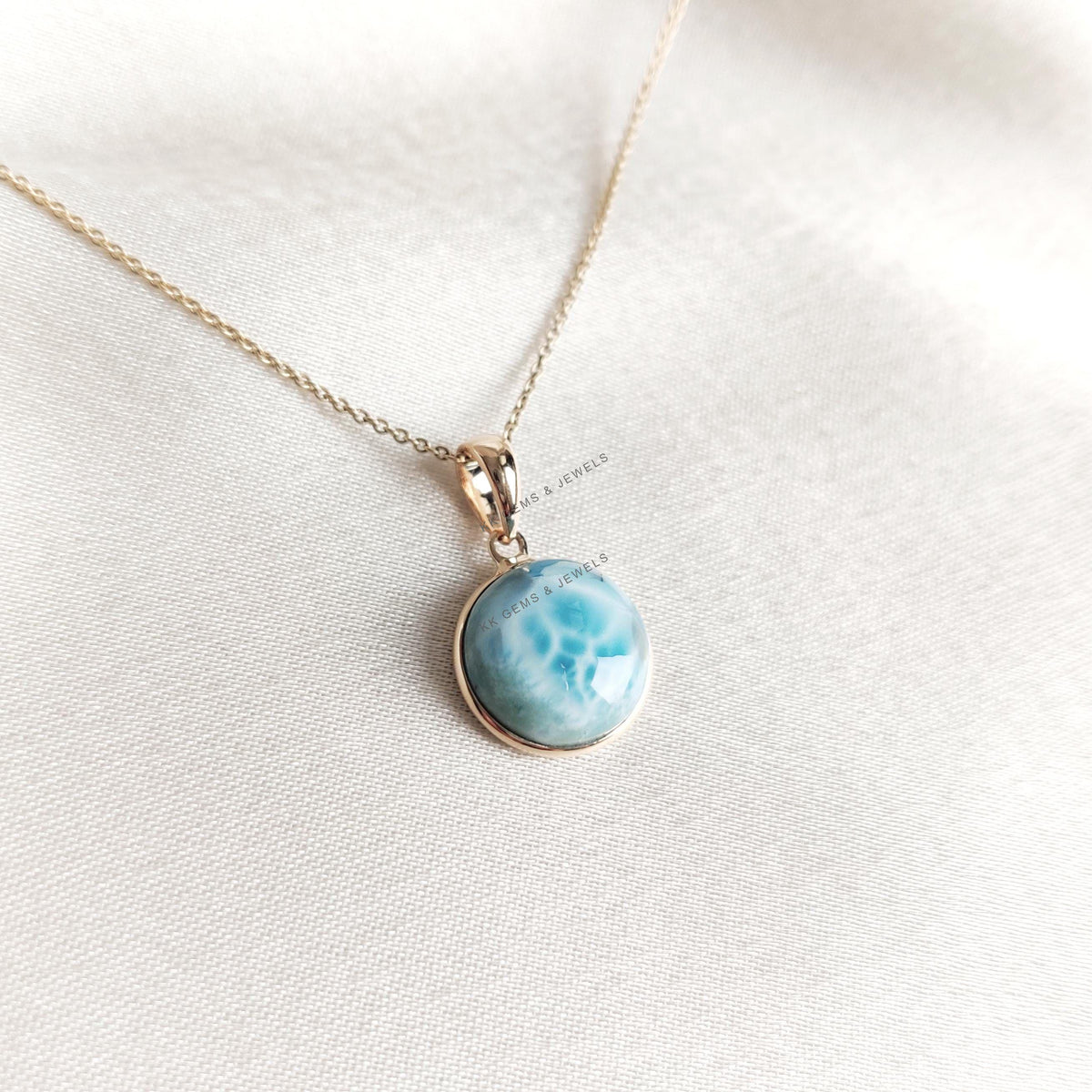 14K Solid Yellow Gold Natural Larimar Pendant: Round Cabochon, February March Birthstone