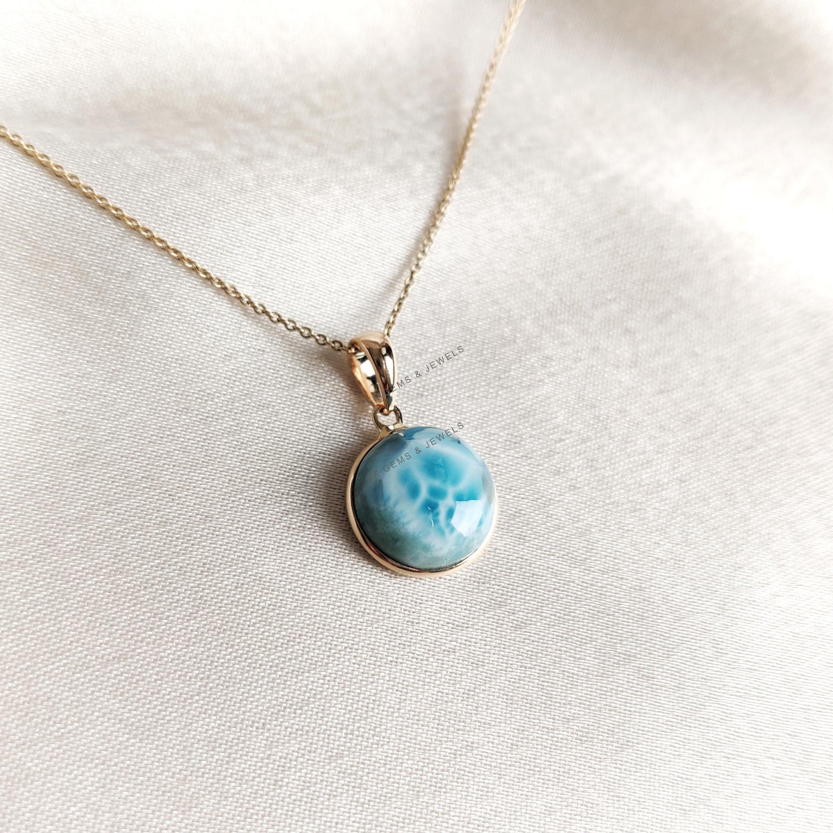 14K Solid Yellow Gold Natural Larimar Pendant: Round Cabochon, February March Birthstone