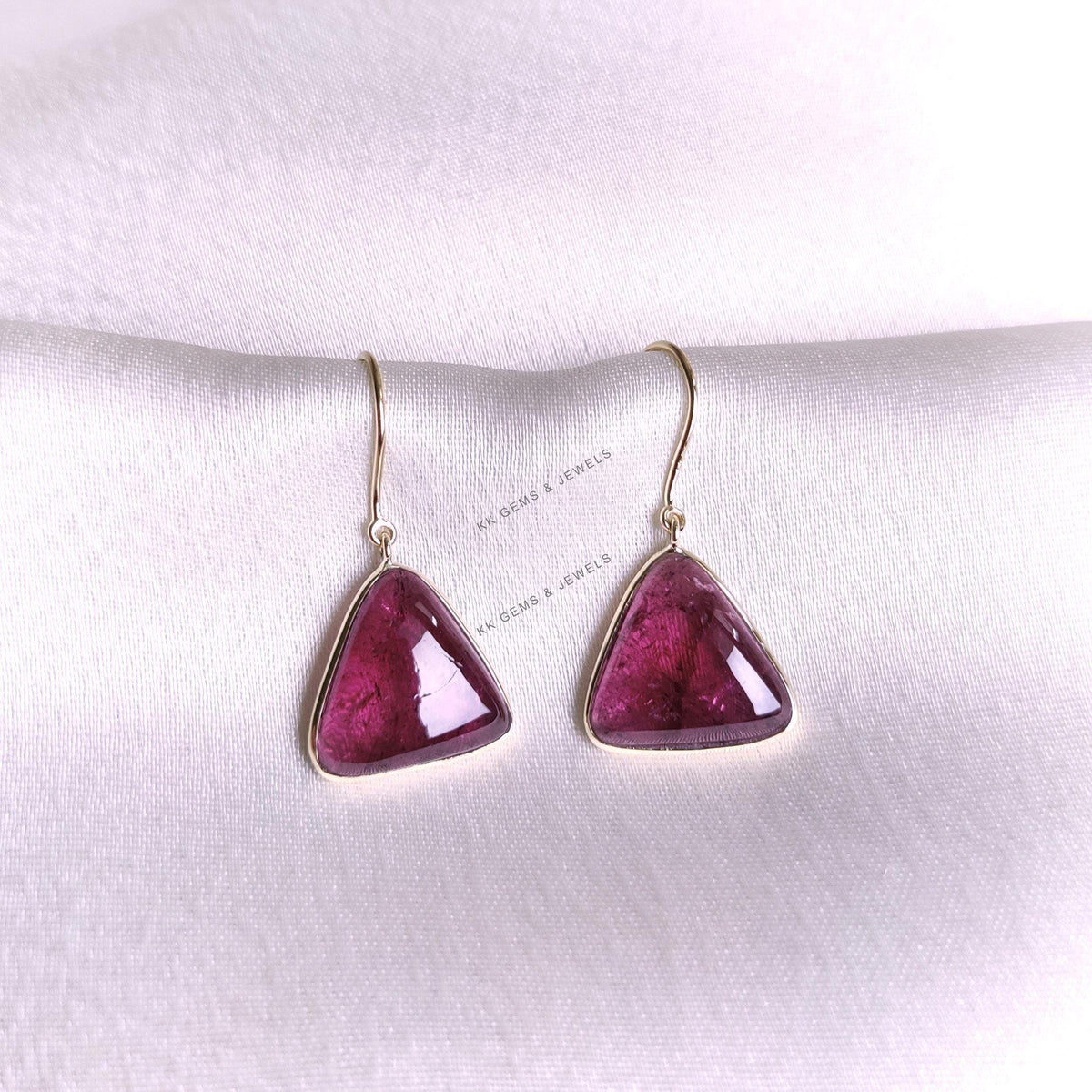 Natural Rubellite Pink Tourmaline Trillion Earrings, 14K Solid Yellow Gold Bezel Set