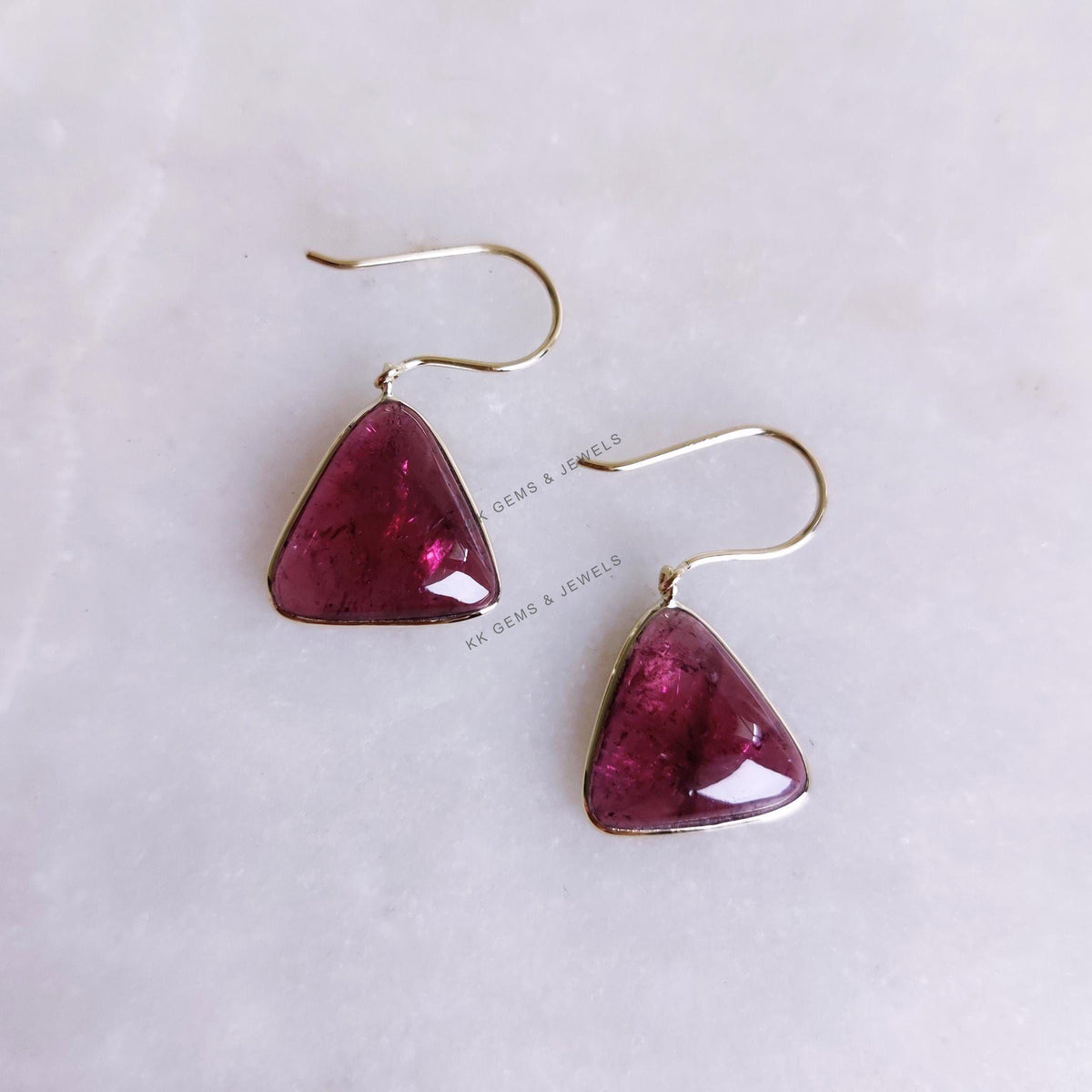 Natural Rubellite Pink Tourmaline Trillion Earrings, 14K Solid Yellow Gold Bezel Set