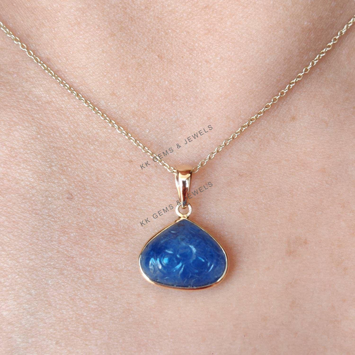 Natural Carving Blue Sapphire 14K Solid Yellow Gold Bezel Pendant, September Birthstone, Christmas Present