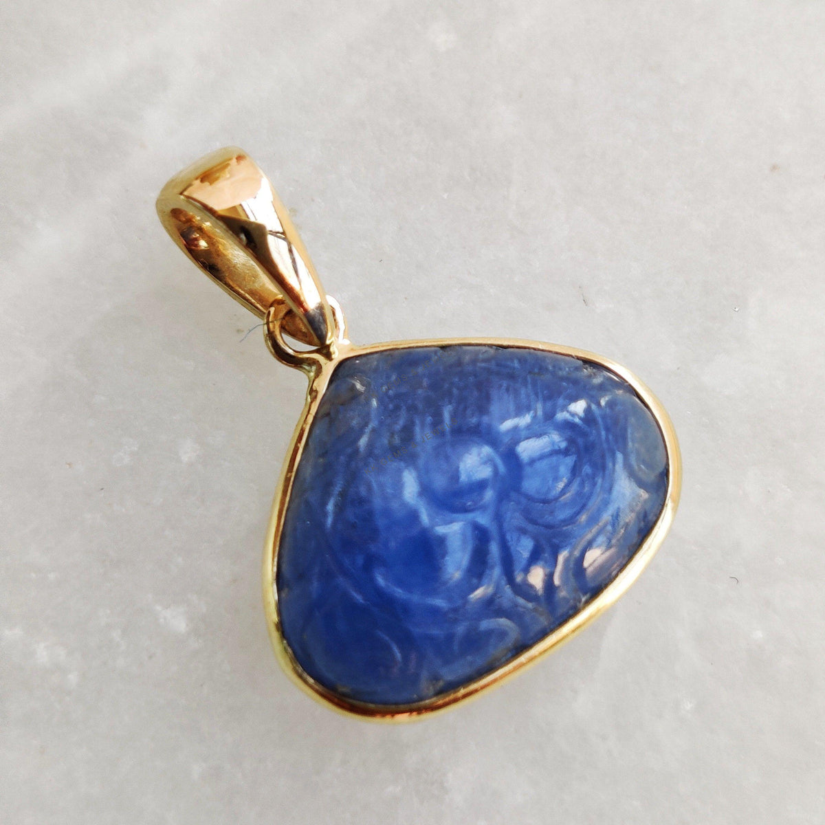 Natural Carving Blue Sapphire 14K Solid Yellow Gold Bezel Pendant, September Birthstone, Christmas Present