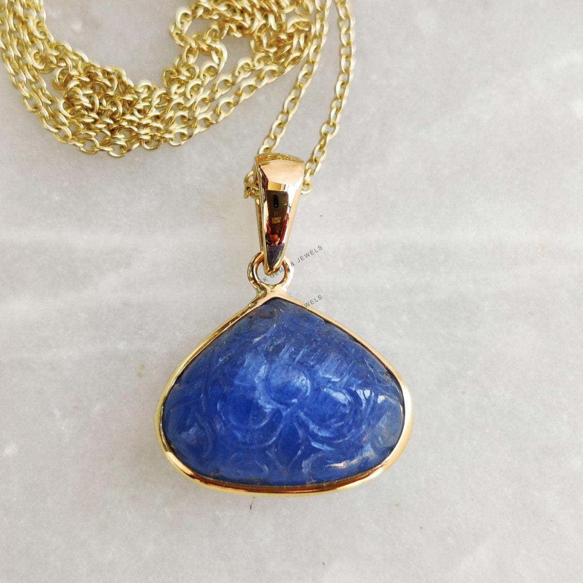 Natural Carving Blue Sapphire 14K Solid Yellow Gold Bezel Pendant, September Birthstone, Christmas Present