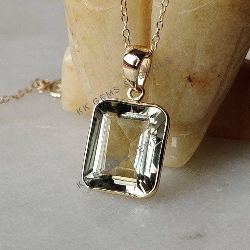 Natural Green Amethyst Octagon Bezel Pendant, 14K Solid Yellow Gold, February Birthstone