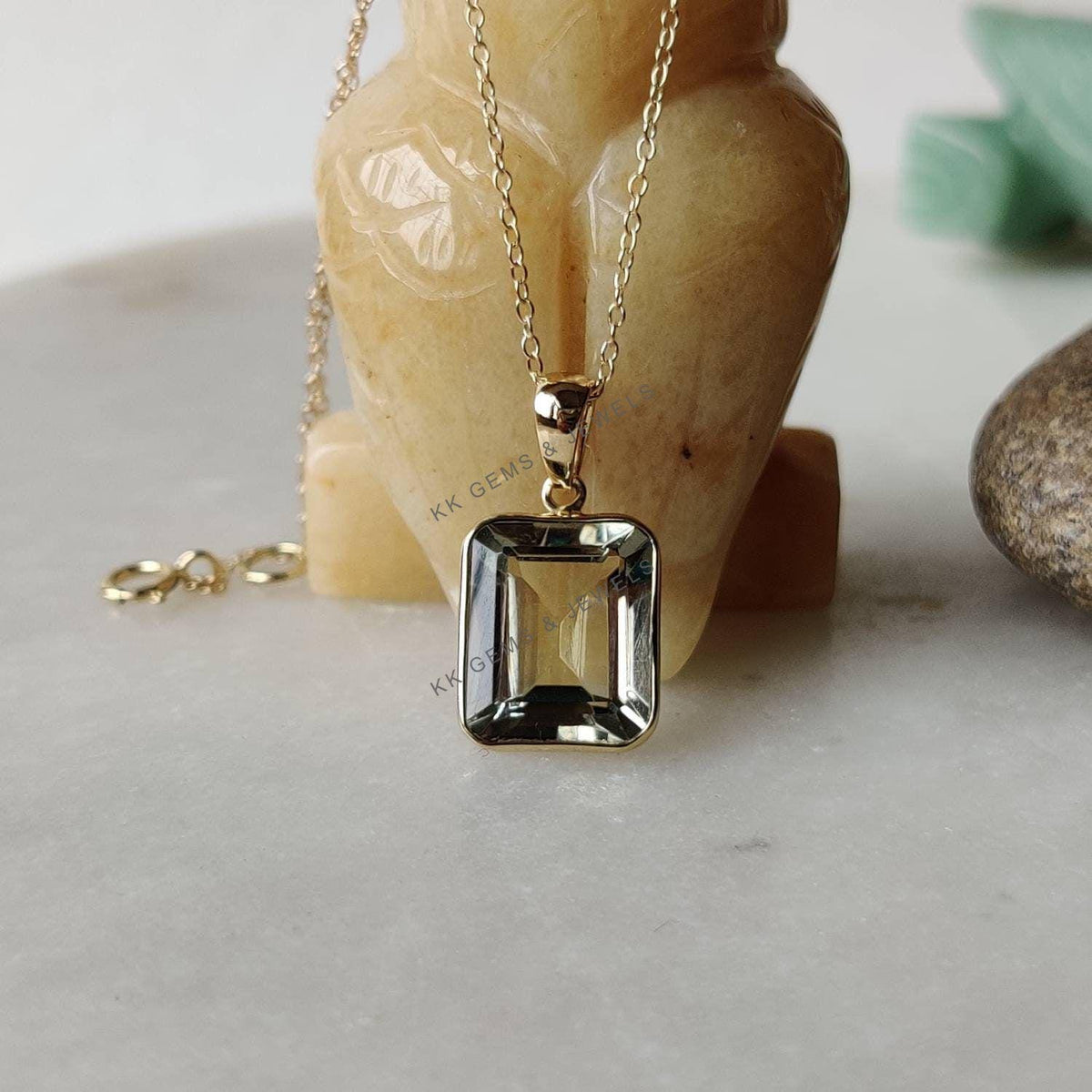 Natural Green Amethyst Octagon Bezel Pendant, 14K Solid Yellow Gold, February Birthstone