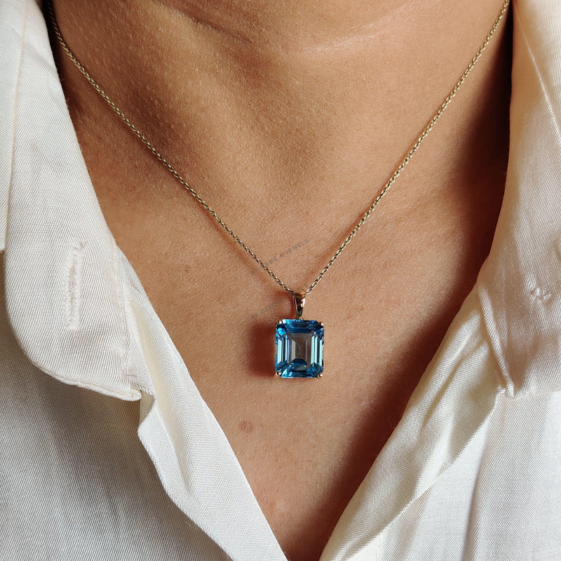 14K Solid Gold Natural Swiss Blue Topaz Pendant, Octagon December Birthstone