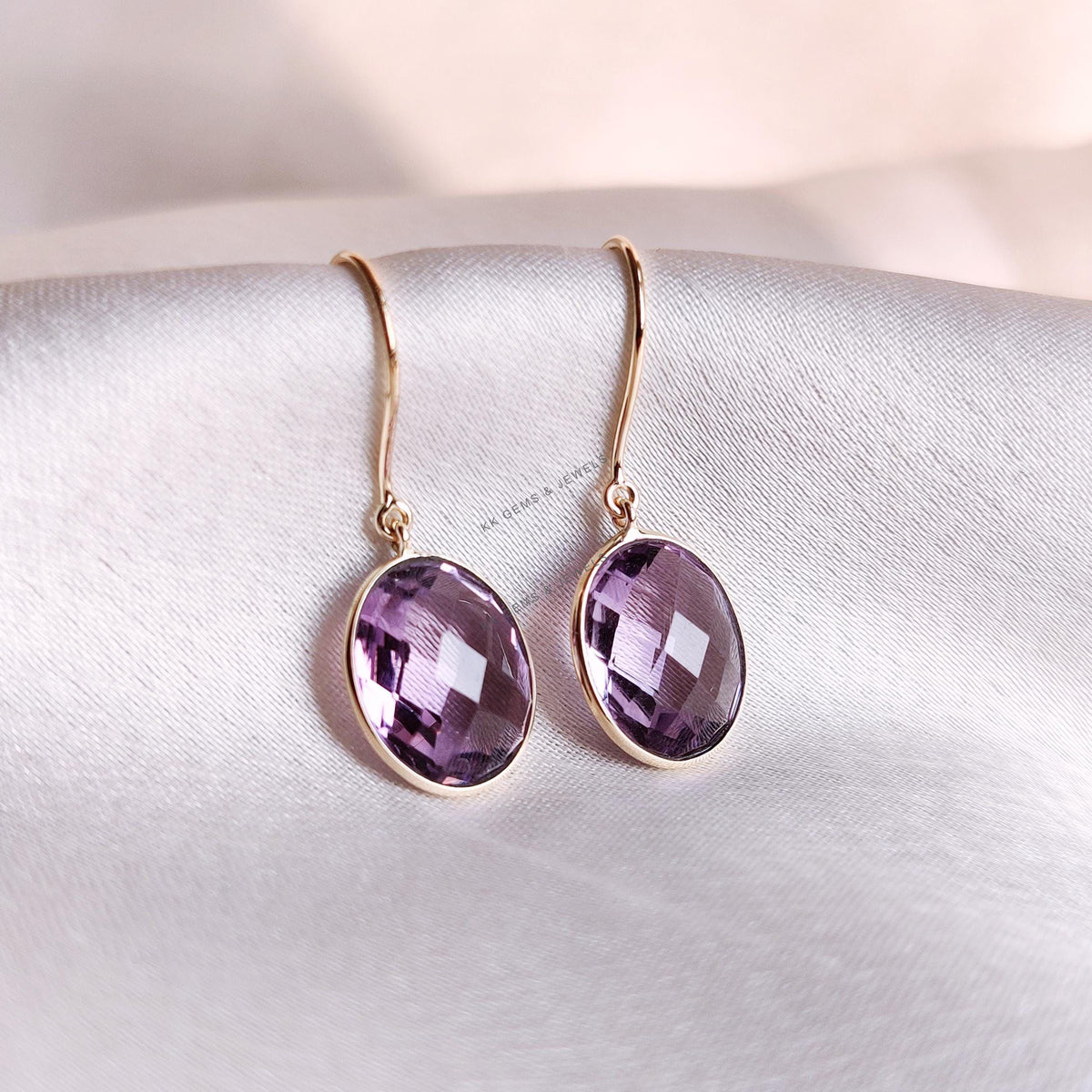 14K Solid Gold Natural Purple Amethyst Earrings, February Birthstone, Oval Briolette