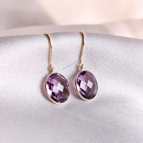 14K Solid Gold Natural Purple Amethyst Earrings, February Birthstone, Oval Briolette