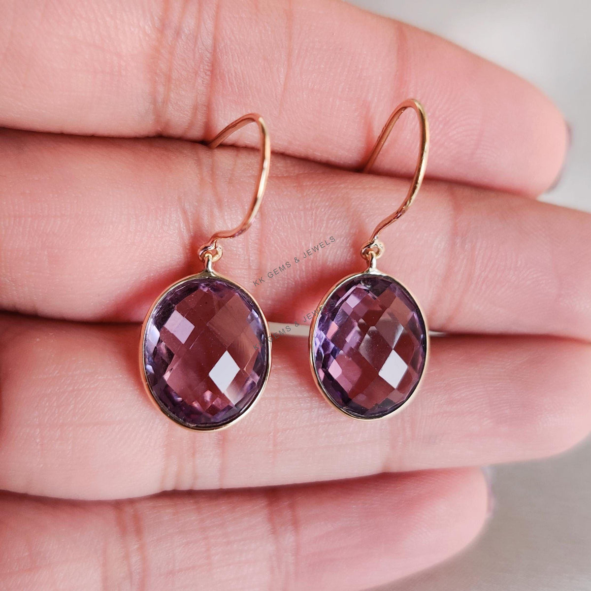 14K Solid Gold Natural Purple Amethyst Earrings, February Birthstone, Oval Briolette