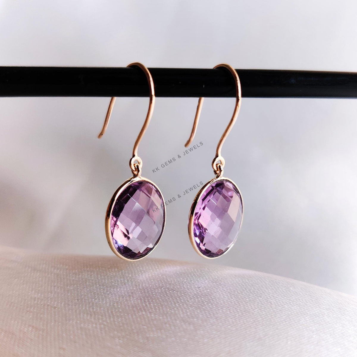 14K Solid Gold Natural Purple Amethyst Earrings, February Birthstone, Oval Briolette