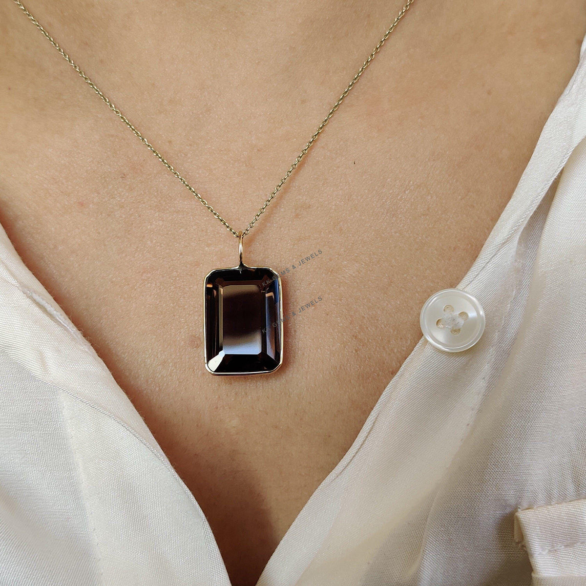 14K Solid Yellow Gold Natural Smoky Quartz Bezel Pendant, Octagon Gemstone