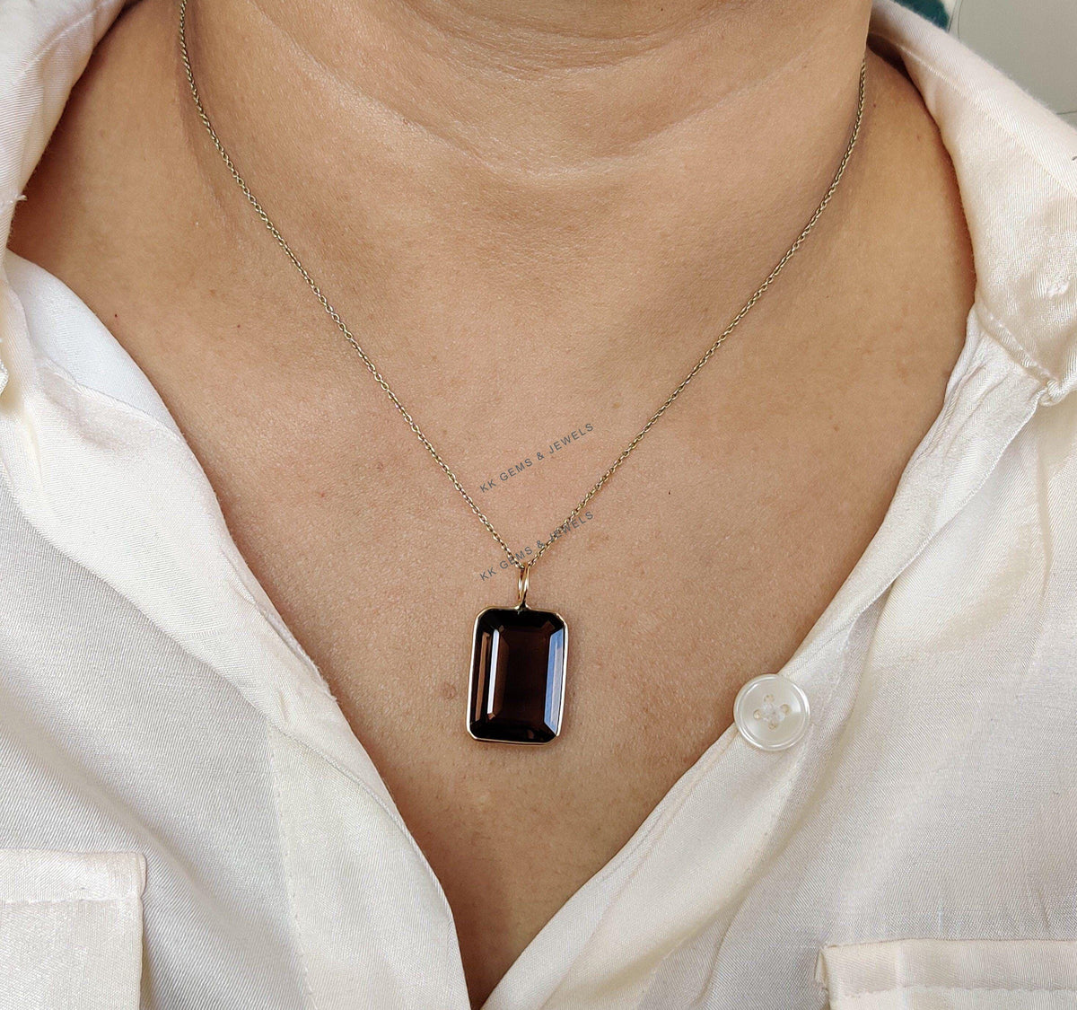 14K Solid Yellow Gold Natural Smoky Quartz Bezel Pendant, Octagon Gemstone