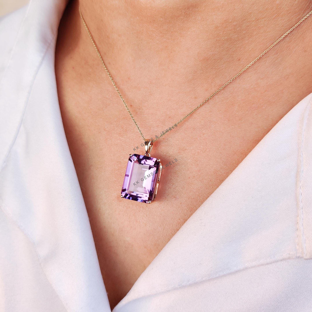 14K Solid Gold Natural Purple Amethyst Octagon Pendant, February Birthstone Jewelry