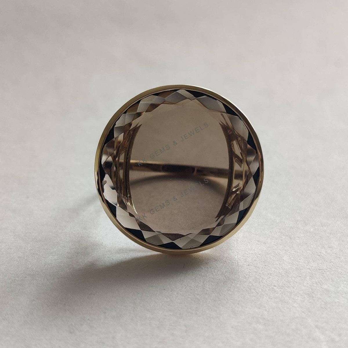 Natural Smoky Quartz Round Flat Cut Ring, 14K Solid Yellow Gold, June Birthstone