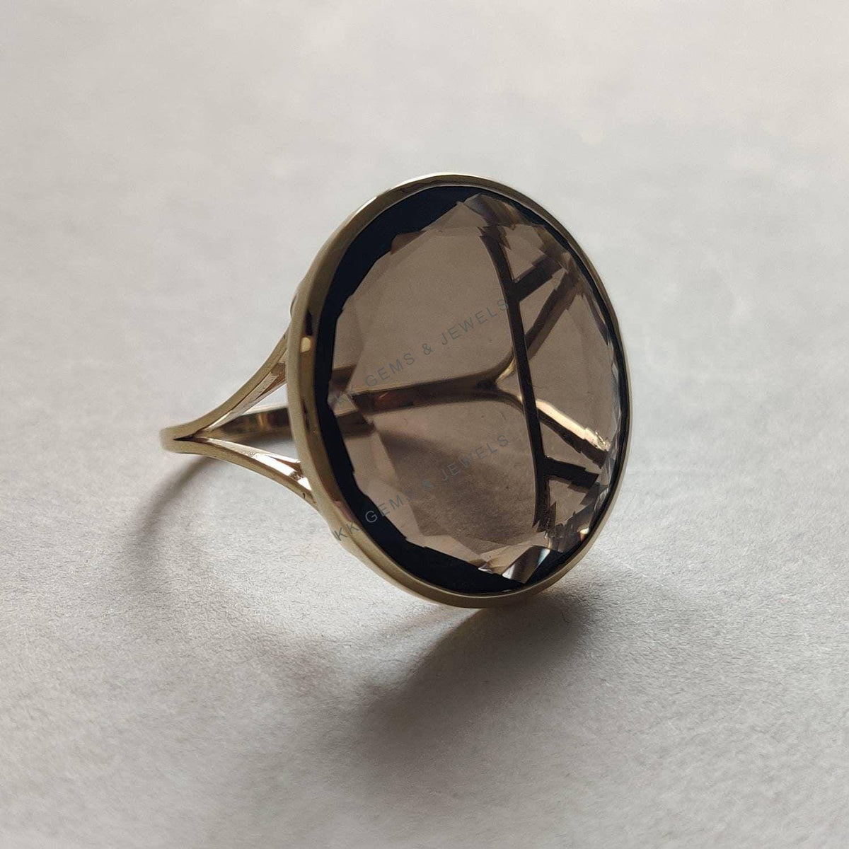 Natural Smoky Quartz Round Flat Cut Ring, 14K Solid Yellow Gold, June Birthstone