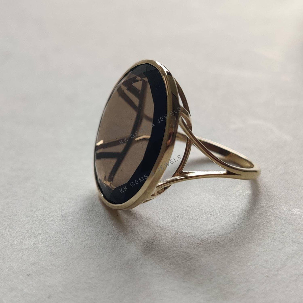 Natural Smoky Quartz Round Flat Cut Ring, 14K Solid Yellow Gold, June Birthstone