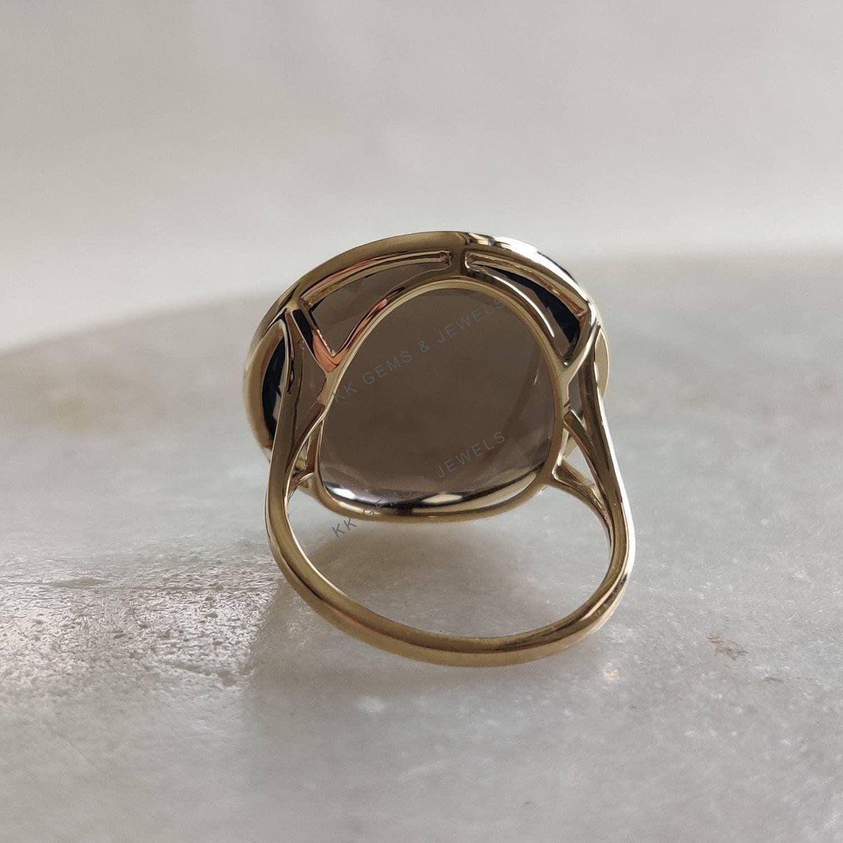 Natural Smoky Quartz Round Flat Cut Ring, 14K Solid Yellow Gold, June Birthstone