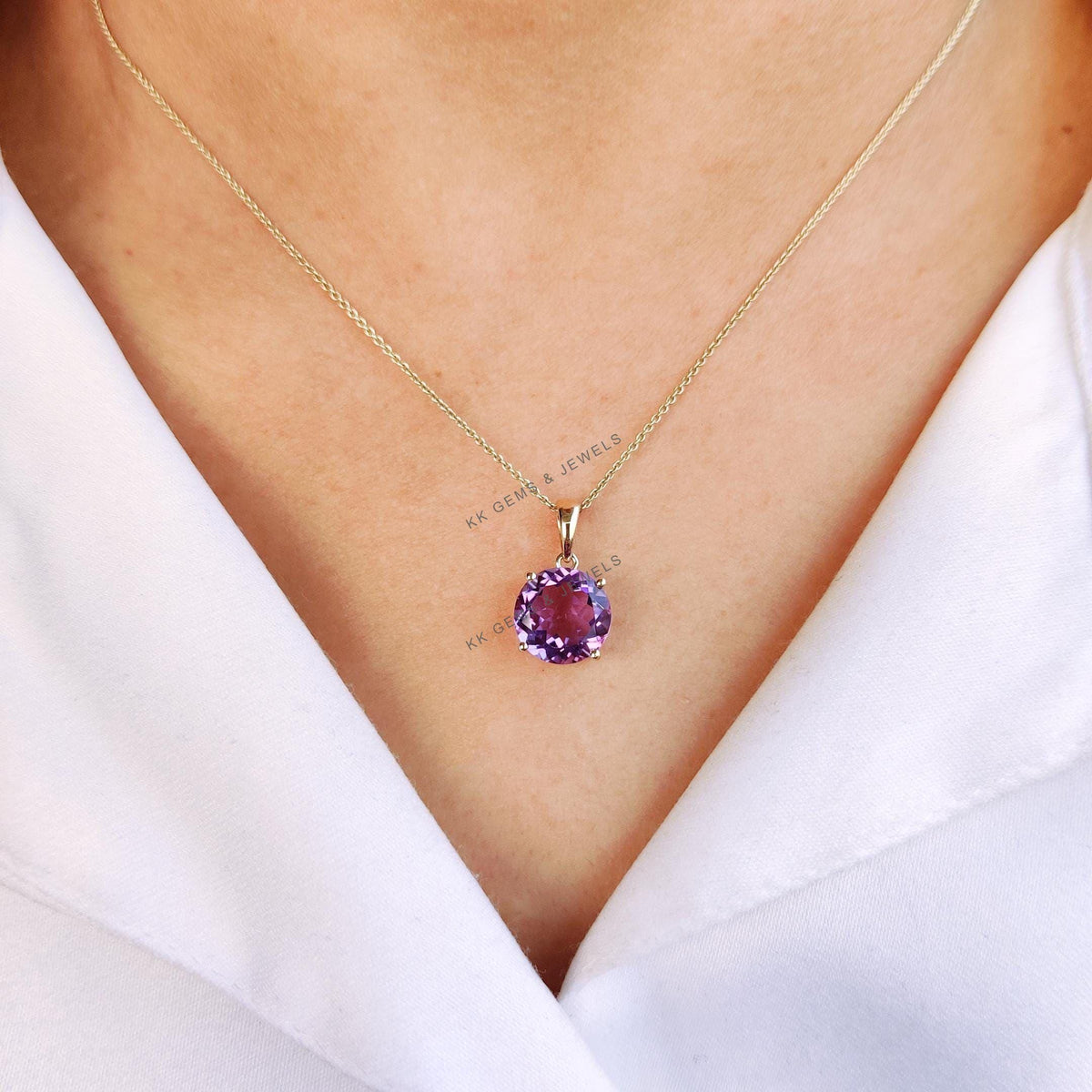 14K Solid Yellow Gold Natural Purple Amethyst Pendant: February Birthstone Jewelry