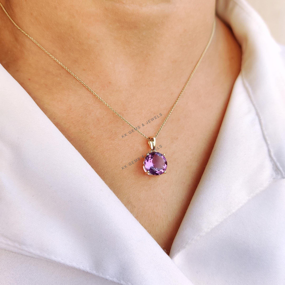 14K Solid Yellow Gold Natural Purple Amethyst Pendant: February Birthstone Jewelry