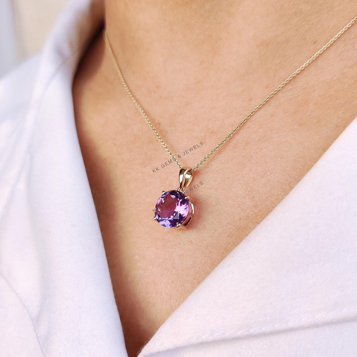 14K Solid Yellow Gold Natural Purple Amethyst Pendant: February Birthstone Jewelry
