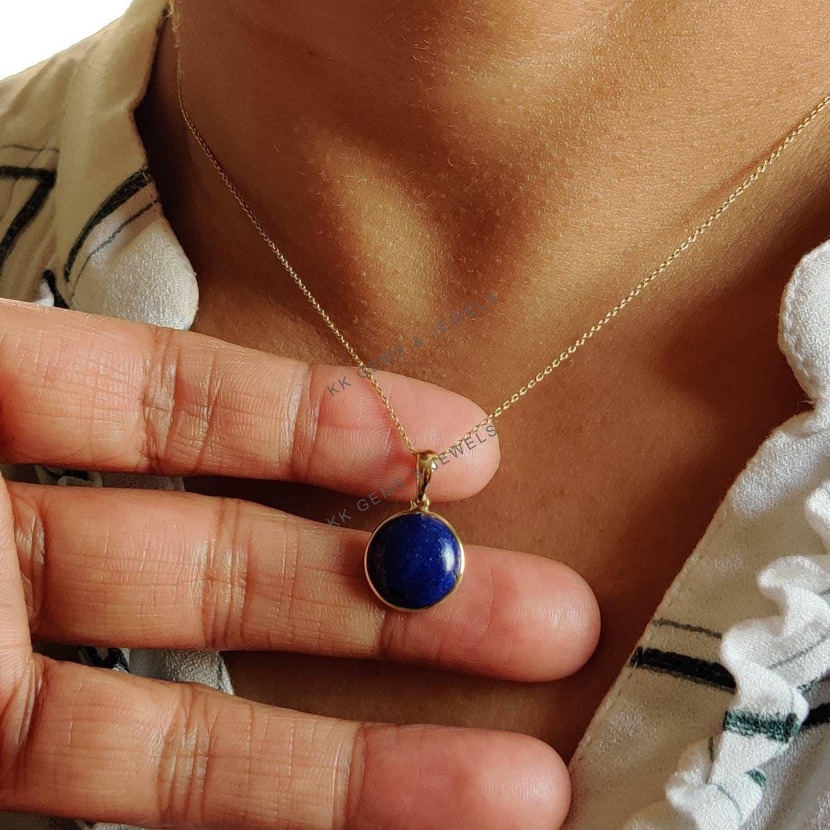 14K Solid Gold Natural Lapis Lazuli Pendant, Round Bezel, September Birthstone