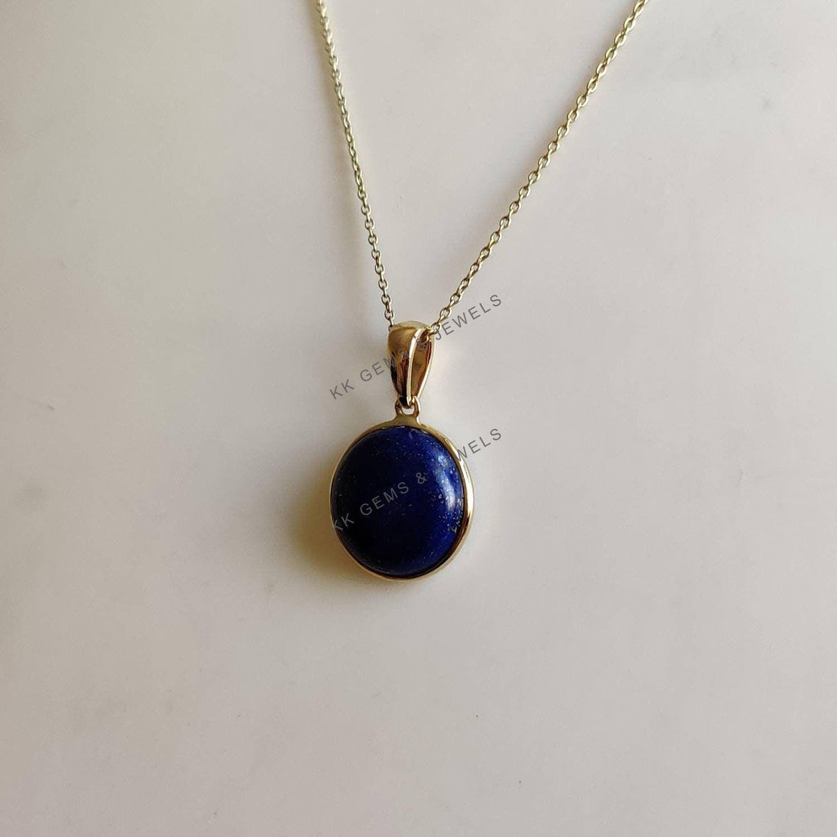 14K Solid Gold Natural Lapis Lazuli Pendant, Round Bezel, September Birthstone
