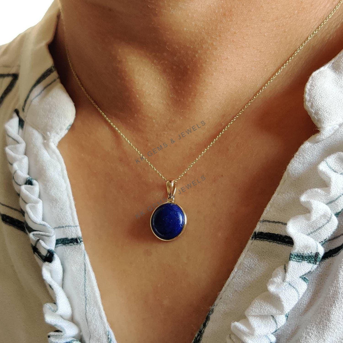 14K Solid Gold Natural Lapis Lazuli Pendant, Round Bezel, September Birthstone