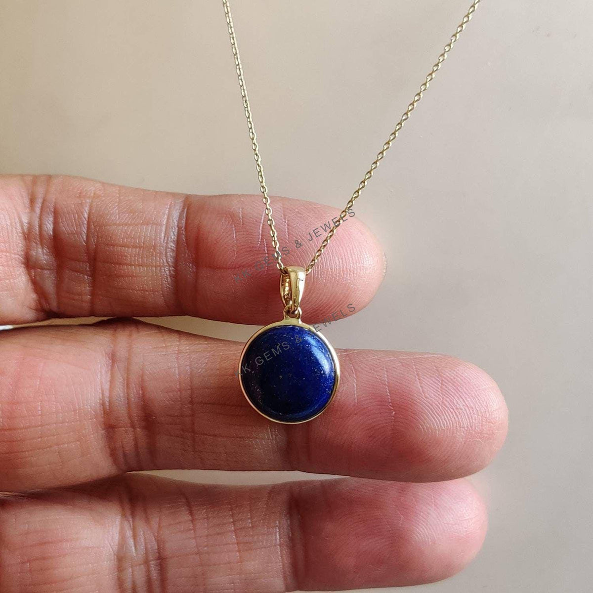 14K Solid Gold Natural Lapis Lazuli Pendant, Round Bezel, September Birthstone