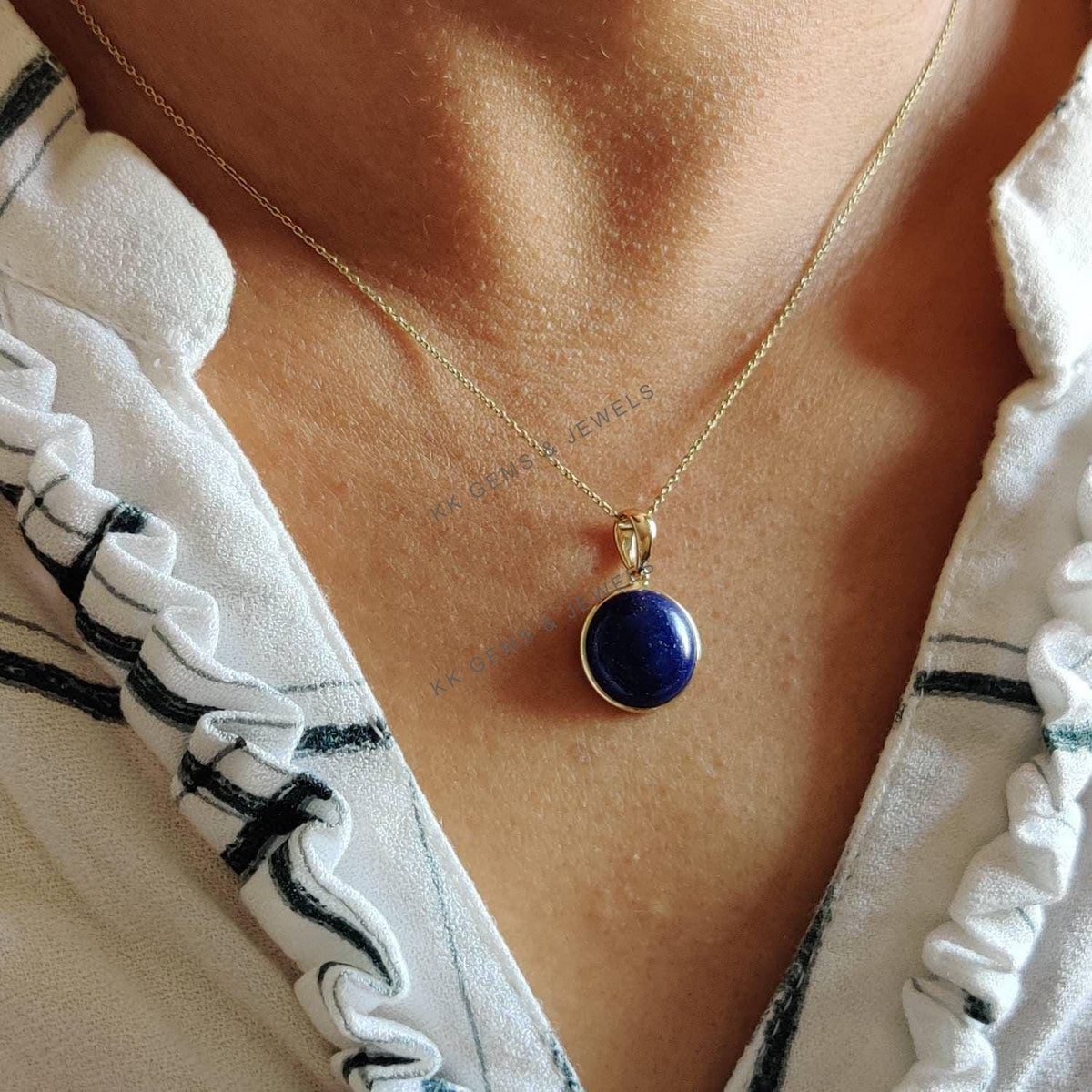 14K Solid Gold Natural Lapis Lazuli Pendant, Round Bezel, September Birthstone