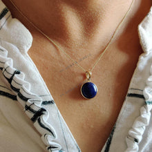 14K Solid Gold Natural Lapis Lazuli Pendant, Round Bezel, September Birthstone