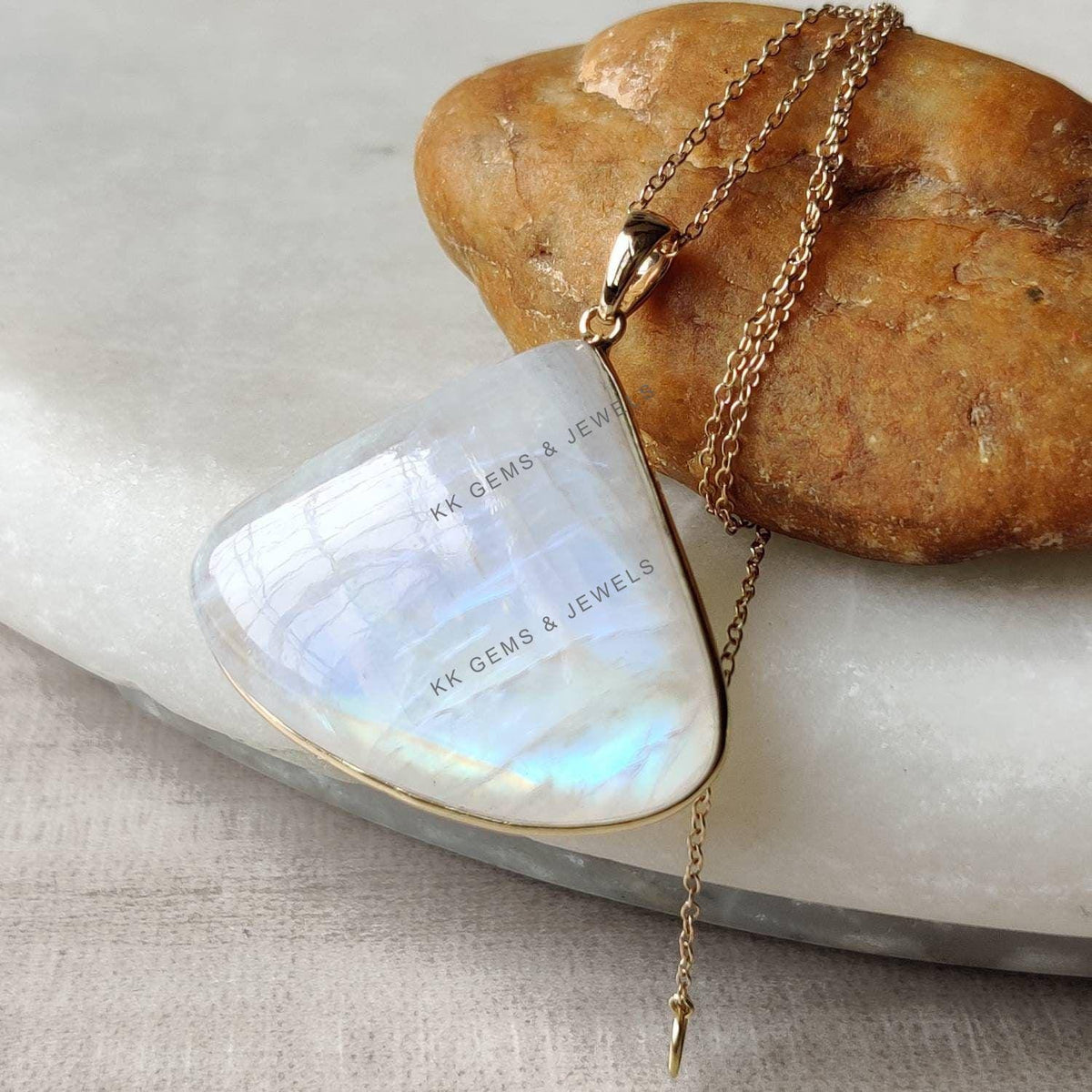 Natural Rainbow Moonstone Trillion Pendant, 14K Solid Yellow Gold Bezel