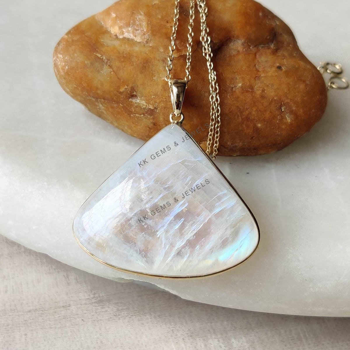 Natural Rainbow Moonstone Trillion Pendant, 14K Solid Yellow Gold Bezel