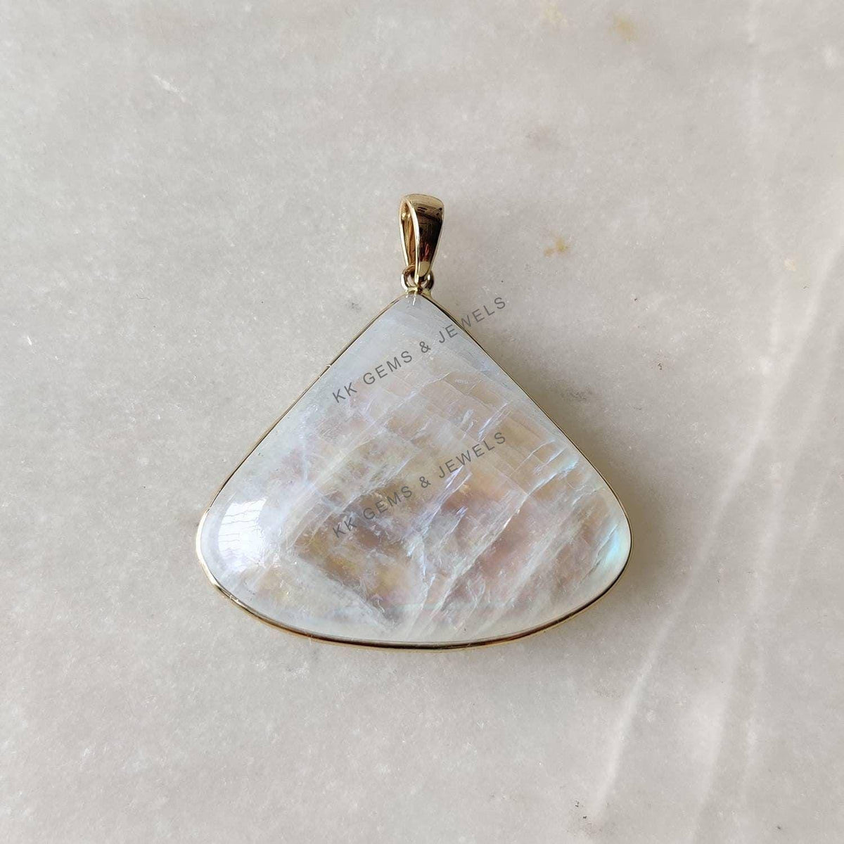 Natural Rainbow Moonstone Trillion Pendant, 14K Solid Yellow Gold Bezel