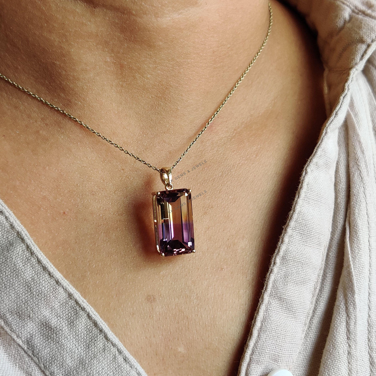 Natural Ametrine Pendant, 14K Solid Yellow Gold, Rectangle Octagon Gemstone